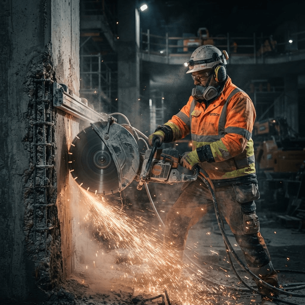 SRI Cutting Technologies operator performing precision hydraulic wall saw concrete cutting with sparks