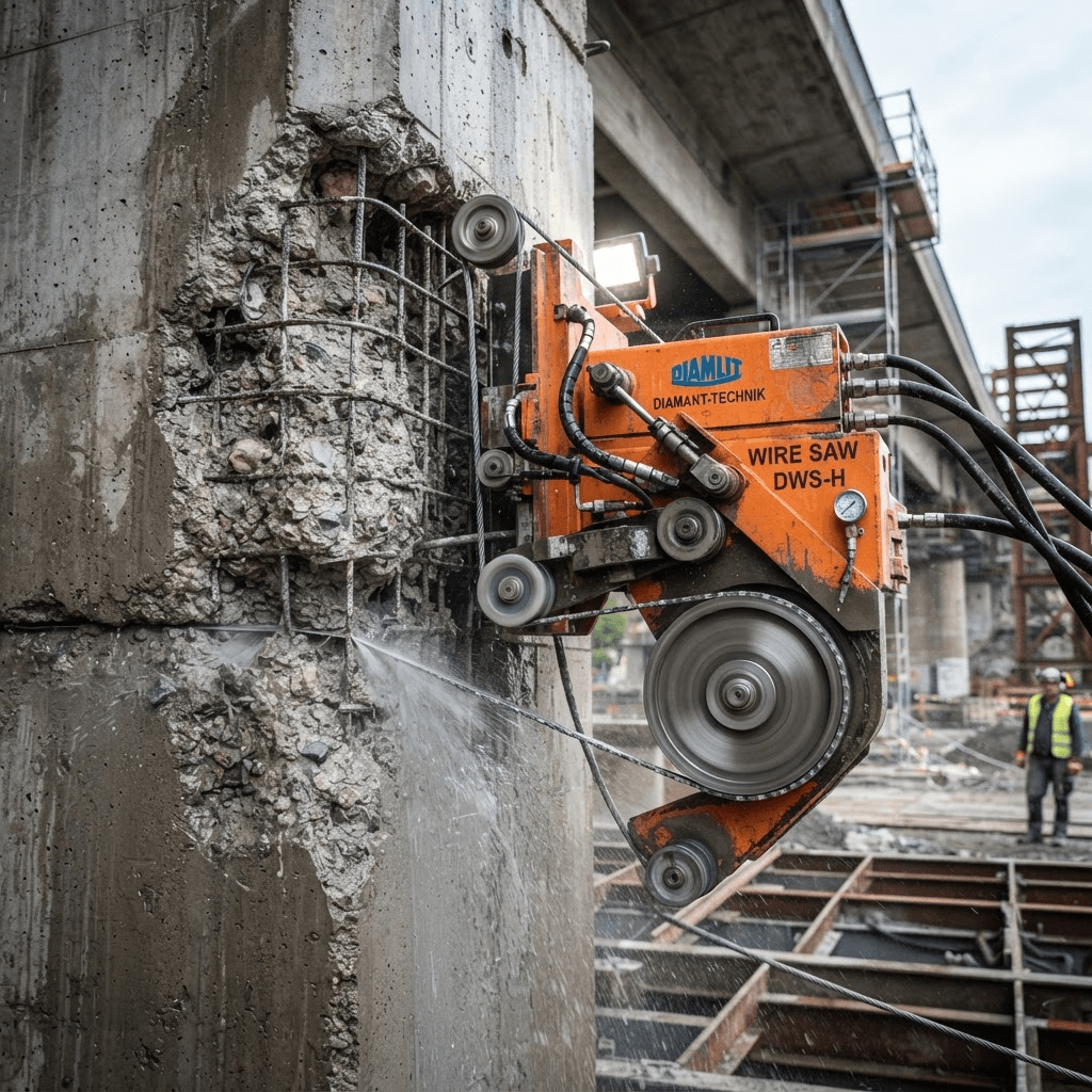 Advanced diamond wire saw machinery cutting a large concrete structure